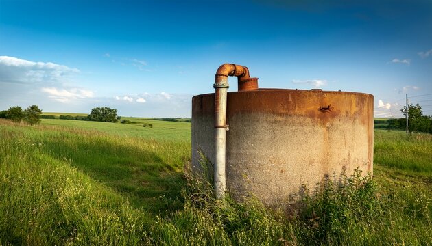 old concrete cistern structure with a rusted pipe in a rural field