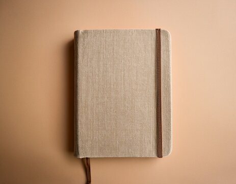 top view of closed minimalist linen journal notebook on beige background with copy space