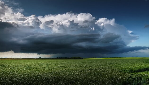 majestic storm cloud above a serene green field under a dramatic sky