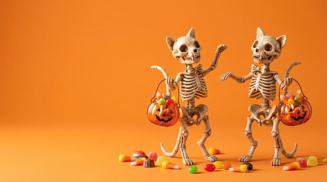 Two playful cat skeletons dance with pumpkin candy buckets on a vibrant orange background with copy space, creating a fun, spooky Halloween scene with sweets and festive charm