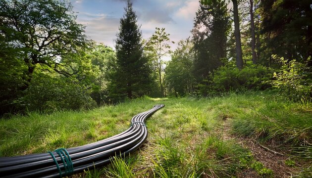 black garden hose running through a grassy woodland area