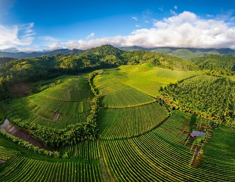 aerial view of tropical banana plantation with terraced agricultural fields drone panorama of cultivated farmland showcasing large commercial banana crops and rural landscape
