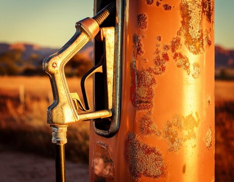 gasoline pump and old nozzle with weathered paint and rustic textures in golden hour light americana station transport nostalgic travel