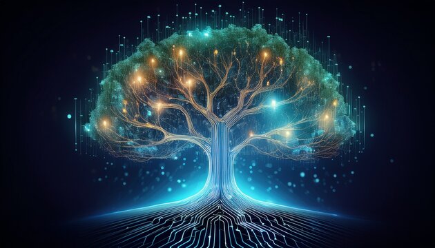 digital glowing tree of life with data connections and circuit board roots on a dark background representing technology