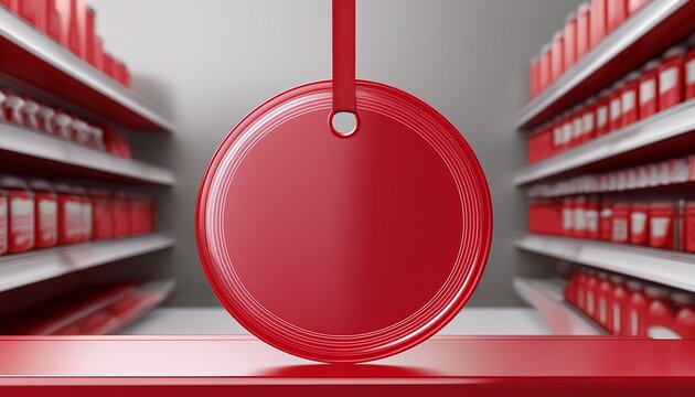 sale marker label transparent crimson circular store shelf dangler design mockup