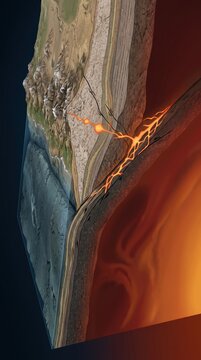 Tectonic Plates Colliding in Subduction Zone Cross Section, Vertical Format