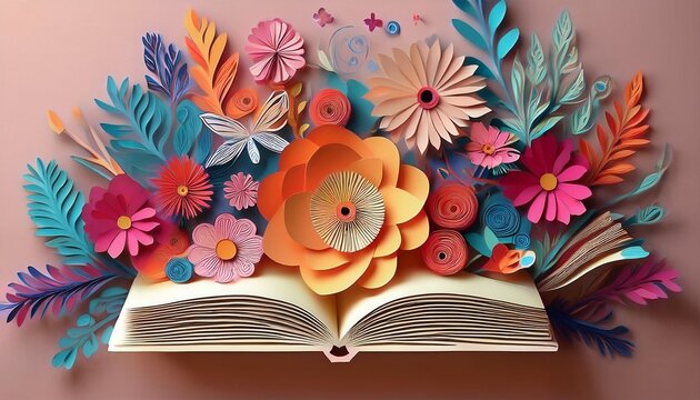 blooming poetry book and flowers paper art by generative ai
