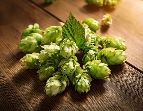 fresh green hops on wooden table in warm light perfect for brewing and culinary use