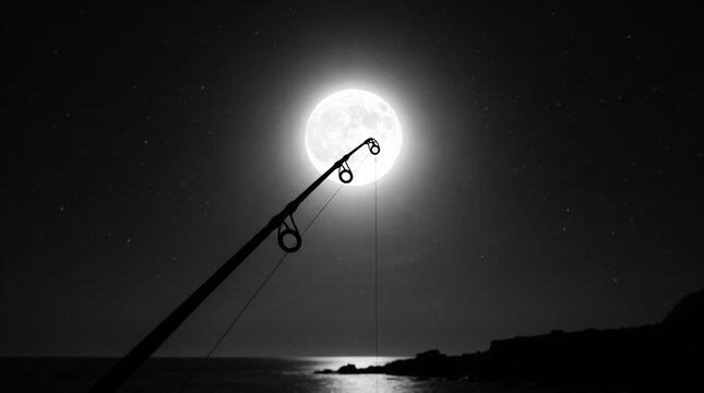 Fishing rod silhouette against a bright full moon night sky wallpaper.