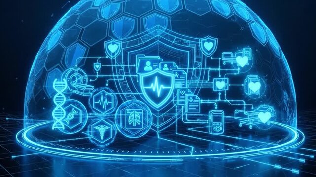 Cybersecurity healthcare shield digital network hologram medical data protection technology with secure patient monitor scanner hospital bed interface