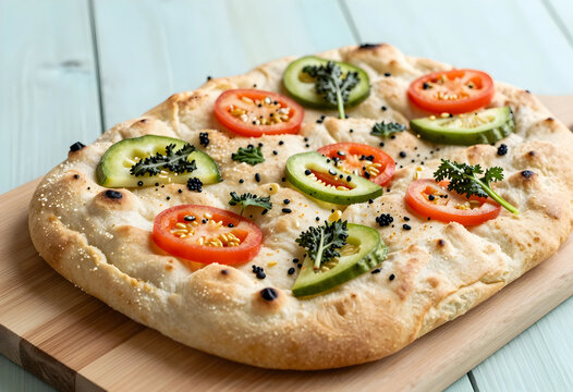 Healthy vegetarian flatbread pizza with fresh vegetables, traditional turkish pide or lahmacun, mediterranean cuisine