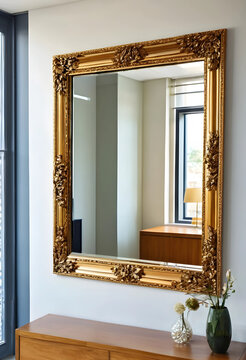 Luxury home decor and interior design, ornate gold mirror with carved frame reflecting a modern room