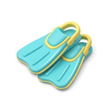 Cyan and yellow 3D swimming flippers for diving and snorkeling gear isolated on white background