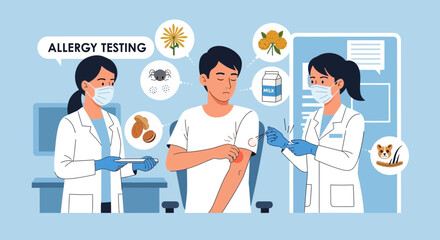 Fototapeta premium Allergy Testing: Doctors examining patient, icons of allergens
