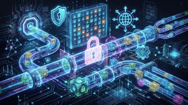 Cybersecurity network lock data encryption pipeline digital security protecting information flow, glowing circuit shield, secure server cloud connection interface