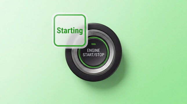 3D icon of starting text next to engine start button on green background