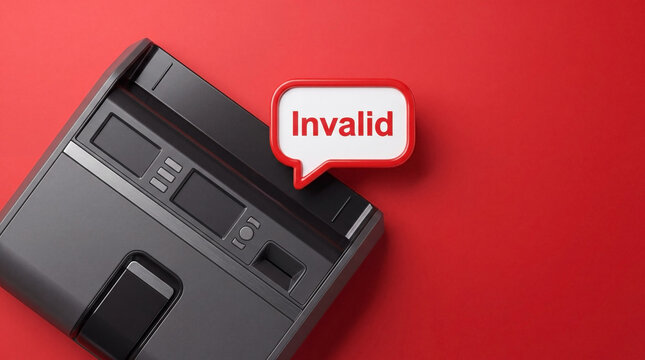 3D icon of invalid text next to fingerprint scanner on red background