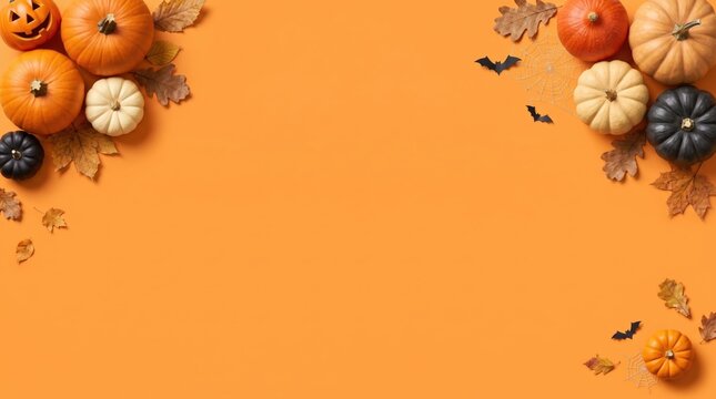 A festive top-down flat lay showcases halloween pumpkins, autumn leaves, and small bats, artfully framing a vibrant orange background with ample copy space.