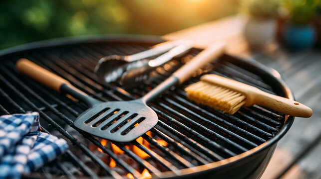 A charcoal grill with cooking tools and a blue checkered cloth over burning flames in outdoor setting.