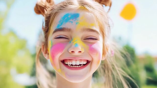 Joyful girl with colorful face paint laughing on a sunny day outdoors