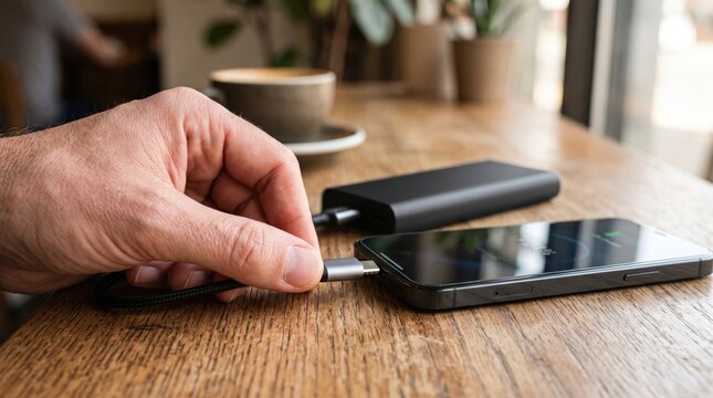 Person plugging a charging cable from a portable external battery into a smartphone at a cafe table