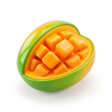 Glossy 3D rendered diced mango fruit half with orange cubes isolated on white background