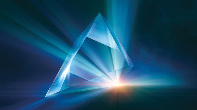A clear glass pyramid refracting light beams in a dramatic, dark blue background with bright light source.