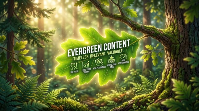 Evergreen content marketing concept, glowing oak leaf in sunlit forest. Digital strategy icons for timeless relevant valuable media.