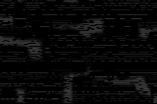 A screen display with scanlines and glitches in black and white abstract background