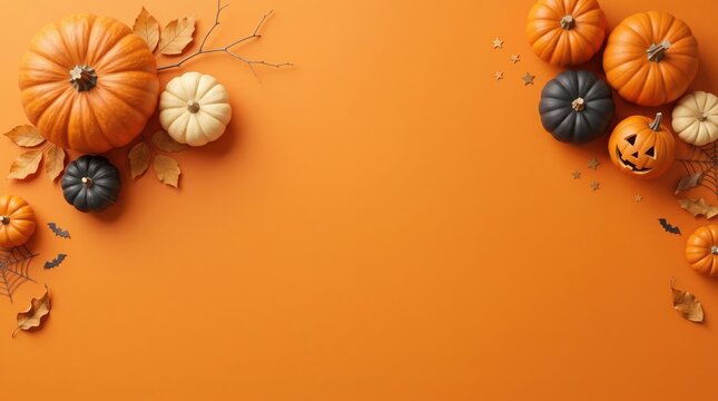 A vibrant orange background provides ample copy space for a festive halloween flat lay, showcasing an assortment of decorative pumpkins and autumn leaves arranged as a top-down border.
