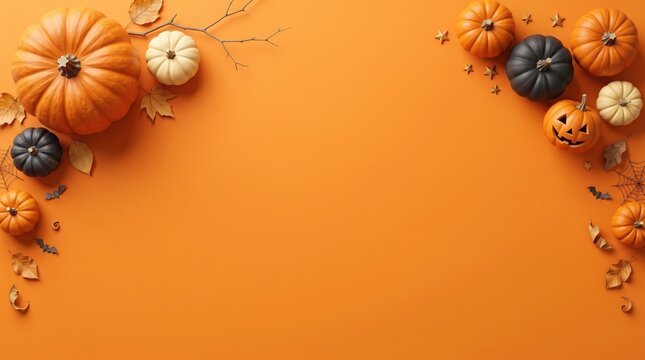A vibrant top-down flat lay of diverse halloween pumpkins and autumn leaves creates a festive decorative frame on a bright orange background, with ample copy space.