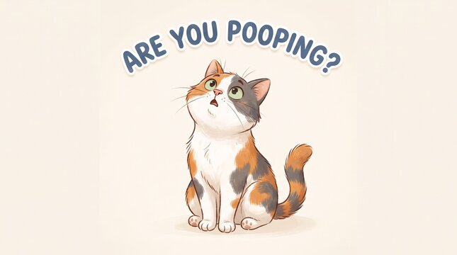 Funny Cat 'Are You Pooping?'
The image features a cartoon-style illustration of a cat looking upwards with a curious expression. The cat has a calico pattern with white, orange, and gray fur. Above th