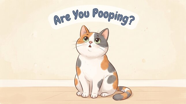 Funny Cat 'Are You Pooping?'
The image features a cartoon-style illustration of a cat looking upwards with a curious expression. The cat has a calico pattern with white, orange, and gray fur. Above th