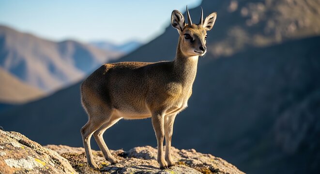 Small klipspringer antelope standing on a rocky mountain peak