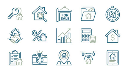 Fototapeta premium Real Estate and Property Management Icon Set for Mortgage, Home Search, House Buying, and Sales