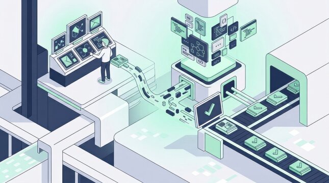 People engage with digital displays while overseeing the processing of data in a controlled tech setting aimed at responsible AI use.