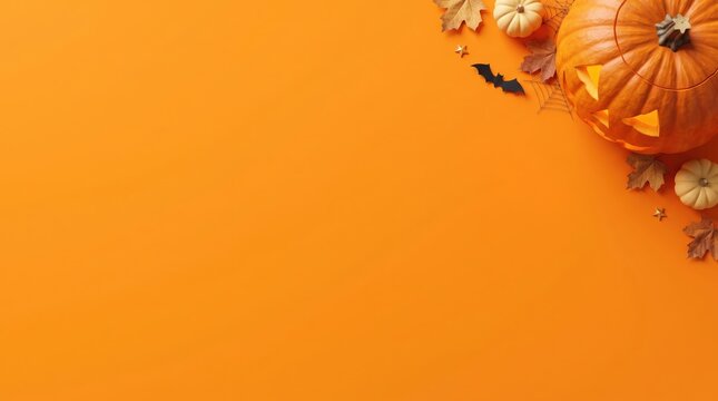 Top-down flat lay: a carved halloween pumpkin, mini pumpkins, leaves, and bats form an orange border with copy space.