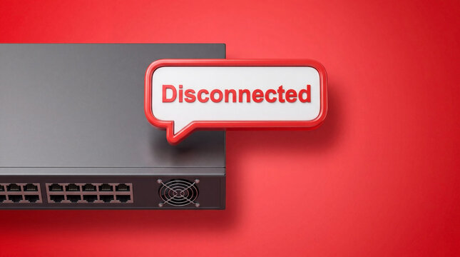 3D icon disconnected speech bubble next to network switch on red background