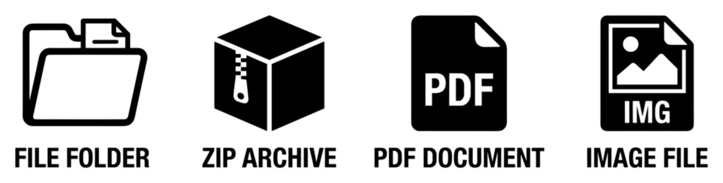 File folder zip archive PDF document image file icon set, line art