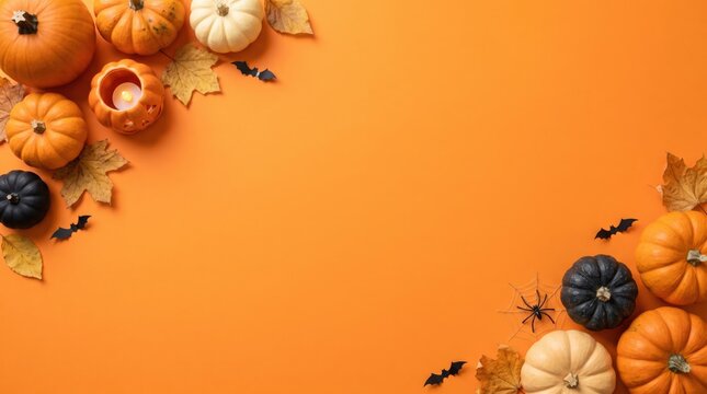 Halloween pumpkins, autumn leaves, and spooky elements create a festive border on a bright orange background, with copy space in this top-down flat lay.