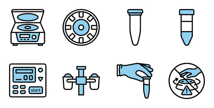 Centrifuge lab equipment icons, blue gray, biology science, vector illustration