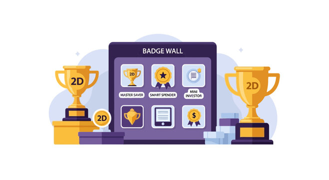 Gamified Financial Achievement Badge Wall with Gold Trophies and Reward Icons
