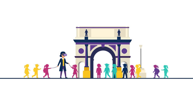 VR Field Trip Illustration: Teacher and Students Exploring Historical Landmark