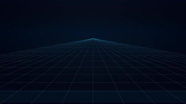 Digital grid perspective moving forward through a dark blue cyberspace tunnel background.