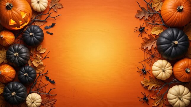 A top-down halloween border frame of pumpkins, leaves, bats, and spiders on an orange background with central copy space.