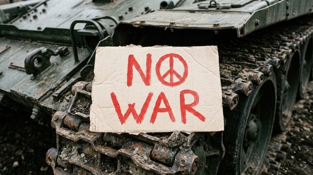 Hand drawn cardboard sign with red ink text reading no war featuring a pacifist symbol placed prominently on top of heavy military tank tracks representing urgent global protest movements