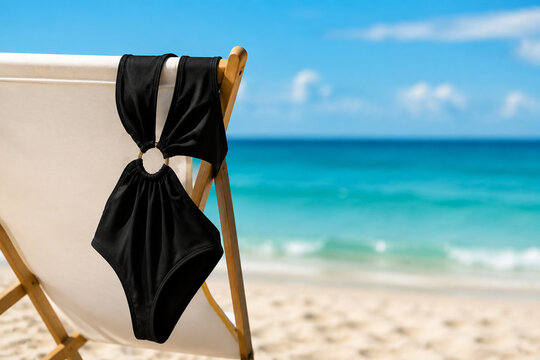 A black monokini draped over a white beach chair by the sea.