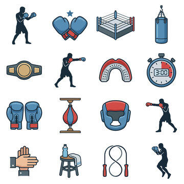 Boxing sports equipment and fighter icons set.