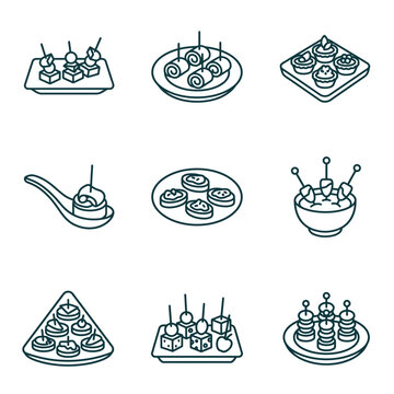 Collection of Appetizer Icons on White Background.