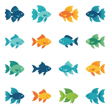 Collection of colorful cartoon fish swimming in different directions.